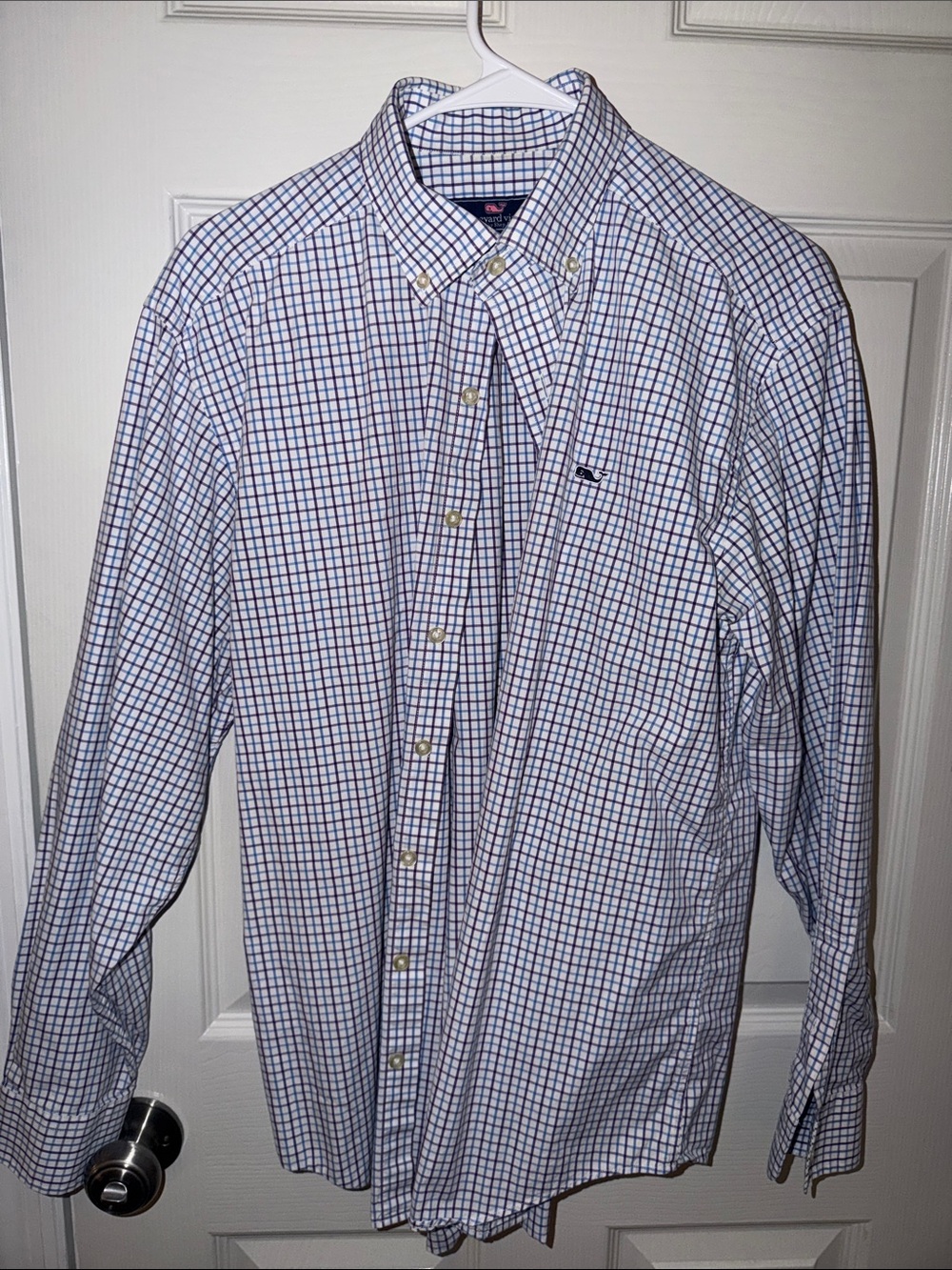 Vineyard Vines Men's White Button-Down Shirt with Blue & Red Check